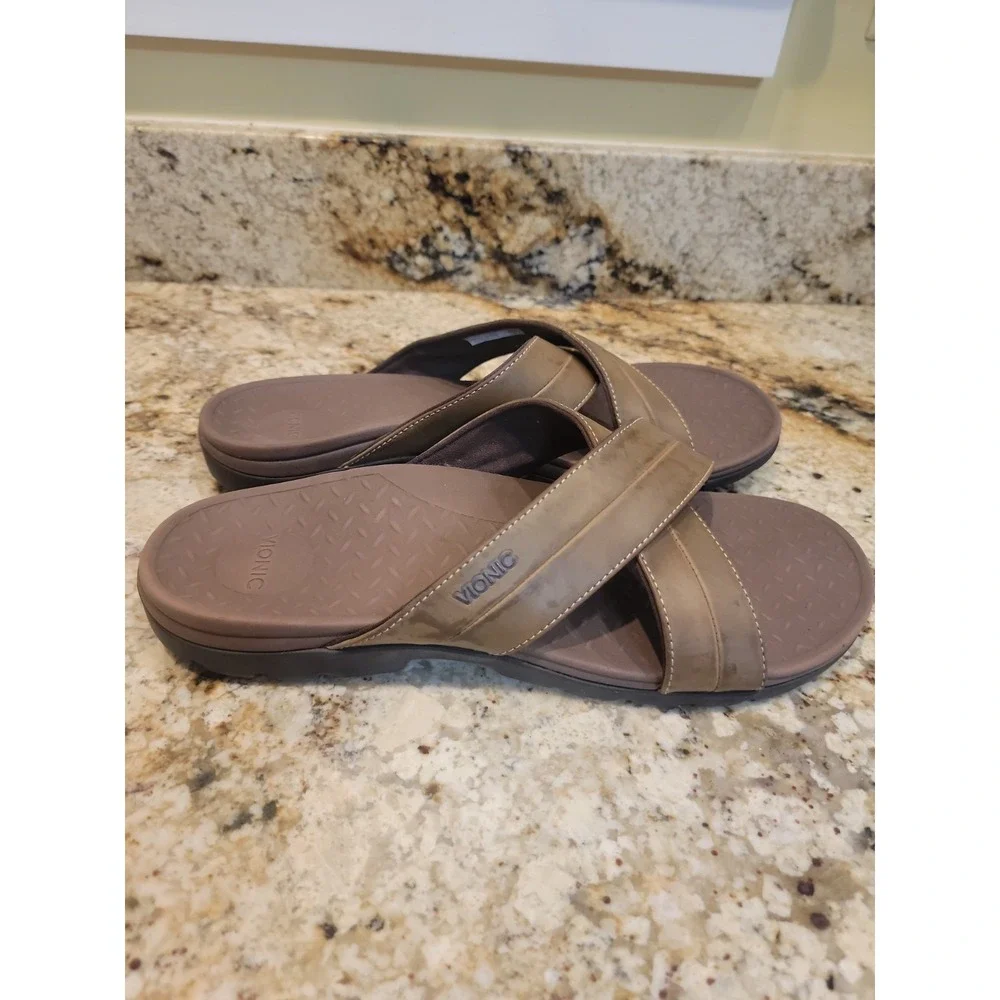 Vionic Men's Holbrook Criss Cross Slip On Sandals Brown Leather Size 13